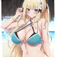 big boobs cleavage Piripun blonde ponytail blue eyes anime anime girls digital art artwork 2D portrait display bikini Saren Princess Connect Princess Connect Re:Dive blushing