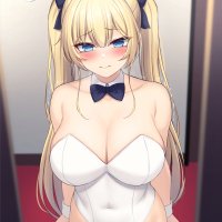 cleavage big boobs blue eyes blonde anime anime girls bunny suit bunny ears blushing twintails shaking