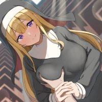 blonde hair breast grab headdress long hair nun original purple eyes wanimaru