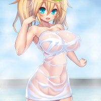 blonde long hair big boobs boobs huge breasts see-through clothing video game girls curvy anime anime girls Phantasy Star Online 2 towel wet water Gené phantasy star online 2 Pixiv in water