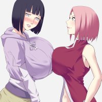 haruno sakura hyuuga hinata naruto classic naruto series no background absurdres highres 2girls black hair blush breast press breasts cleavage hime cut huge breasts large breasts long hair looking at viewer multiple