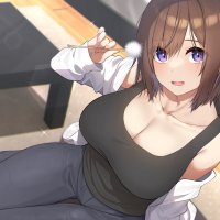 breasts brown hair cleavage go-1 original purple eyes shirt short hair