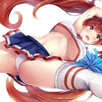 anthropomorphism azur lane breasts cheerleader honolulu azur lane irohasu kick long hair navel no bra orange eyes panties red hair skirt spread legs tears thighhighs twintails underboob underwear upskirt