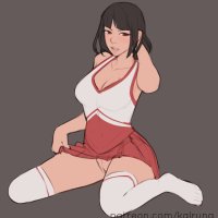 kalruna absurdres highres 1girl black hair cheerleader clothes lift no panties skirt skirt lift thighhighs white thighhighs