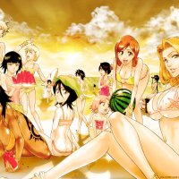 arisawa tatsuki beach bikini bleach breasts cleavage dark skin food fruit group hinamori momo inoue orihime ise nanao kotetsu isane kotetsu kiyone kuchiki rukia kurotsuchi nemu kusajishi yachiru matsumoto rangiku sarugaki hiyori
