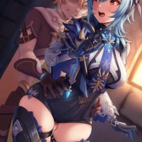 momo no sukebe aether genshin impact eula genshin impact genshin impact absurdres highres 1boy 1girl aqua hair blonde hair blue thighhighs clothed sex cum dress faceless faceless male gauntlets gloves grinding hair
