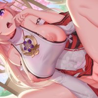 animal ears foxgirl genshin impact japanese clothes miko nipples no bra penis pussy sex shaggy susu spread legs torn clothes uncensored yae miko