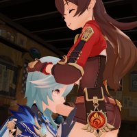 futaflux amber genshin impact eula genshin impact genshin impact 1futa 1girl bag blue hair brown hair fellatio futa with female futanari gloves hair ornament hand on another039s head hand on another039s thigh