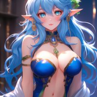 The sexiest anime elf girl with shaggy blue hair with beautiful eyes dressed in a body outfit with a cutout on image created in Shedevrum
