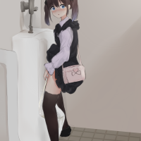 kanekan original highres 1girl black hair blue eyes blush clothes lift constricted pupils dress dress lift embarrassed lifting own clothes looking at viewer peeing shoes solo standing surprised sweatdrop thighhighs twintails urinal