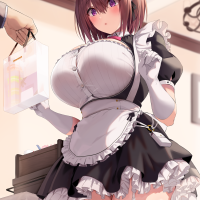 big boobs huge breasts brunette short hair blue gk anime anime girls maid maid outfit thigh-highs purple eyes artwork