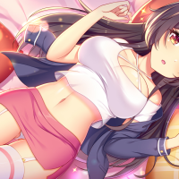 big boobs long hair dark hair lying on back anime anime girls animal ears brown eyes crop top miniskirt thigh-highs panties Game CG Pretty Neko