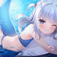 shark tail white hair blue eyes anime anime girls Gawr Gura shark Virtual Youtuber fan art bikini underwater digital art Hololive