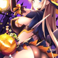 ass witch long hair blonde blue eyes anime anime girls Halloween wings witch hat thigh-highs