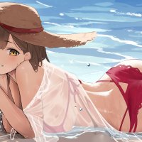 ass brunette GIn00 anime anime girls water wet bikini beach hat brown eyes THE iDOLMSTER Kuwayama Chiyuki