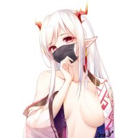 Wallpaper : Arknights white hair long hair no bra small boobs pointed ears horns undressing mask red eyes 2380x1880