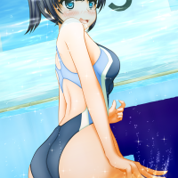 artist request highres tagme 1girl ass black hair blush female focus from behind partially submerged peeing peeing underwater pool solo swimsuit thighs underwater water