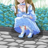 homare suzu no oka 1girl dress female focus frills gloves outdoors panties peeing peeing self solo squatting underwear