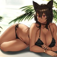 big boobs red eyes curvy cat girl dark skin Houtengeki cleavage brunette anime girls anime animal ears artwork bikini