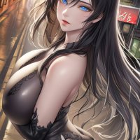 big boobs ass blue eyes huge breasts anime girls NovelAI black hair city rain city lights