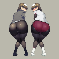 ass thick ass thighs thick thigh Namaniku ATK looking at viewer anime anime girls simple background minimalism blush pantyhose black pantyhose black legwear pantylines gym clothes sportswear rear view blushing looking back