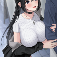big boobs anime girls choker fishnet portrait display necklace black hair