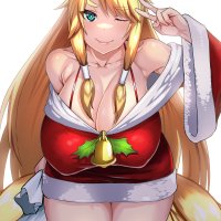 rebis anime-tamae! tensei no miko highres 1girl animal ears bare shoulders blonde hair blue eyes breasts cleavage collarbone covered erect nipples dress female focus fox ears fox girl fox tail hairband