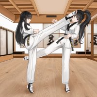 dfg user jwze7838 original absurdres highres 2girls barefoot defeat dougi feet high ponytail kicking multiple girls ponytail taekwondo