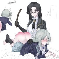 absurdres highres 2girls ass bed black hair blush crying glasses long hair multiple girls spanking tears white hair