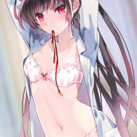 long hair ponytail dark hair red eyes Tomozero small boobs anime anime girls digital art artwork 2D portrait display open shirt lingerie underwear