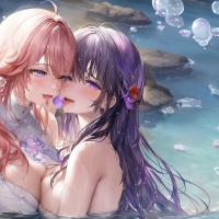 Yae Miko Genshin Impact two women tongue out lesbians boobs on boobs big boobs anime anime girls Genshin Impact Raiden Shogun Genshin Impact yuri in water bubbles water purple eyes rocks