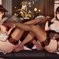 feet tongue out big boobs looking at viewer long hair lesbians saliva trail foot fetishism anime girls Azuma Azur Lane Azur Lane stockings saliva couch leaves plants animal ears yuri