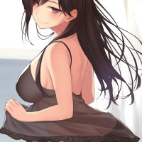ass looking at viewer smiling long hair brunette sideboob cccpo big boobs anime lingerie panties no bra blushing purple eyes artwork anime girls