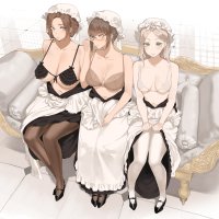 big boobs boobs smiling looking at viewer anime girls maid maid outfit couch bra glasses blushing line-up