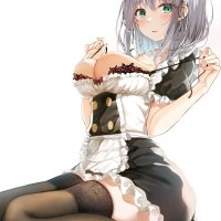 Hiragi Ringo undressing green eyes big boobs anime girls maid no bra stockings thigh-highs maid outfit