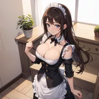 Anime maid with a large breast posing in a room