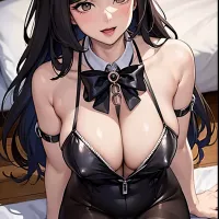 Anime girl in black lingerie sitting on a bed with her hands on her hips
