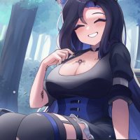 anime style bench big breasts black hair blue eyes