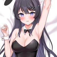 kaetzchen sakurajima mai seishun buta yarou commentary highres symbol-only commentary 1girl animal ears arm up armpits bed sheet black bow black bowtie black hair black leotard bow bowtie breasts cleavage covered navel