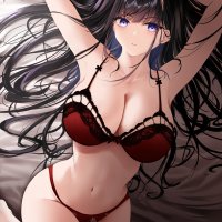 big boobs armpits cleavage in bed dark hair long hair Xi Ying lying on back arms up anime anime girls top view underwear purple eyes horns oni girl Noshiro Azur Lane Azur