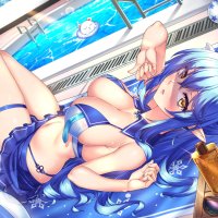 big boobs cleavage blue hair anime anime girls bikini pointy ears swimming pool water