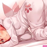 bent over in bed Michairu whole body pink hair pink eyes open mouth foot sole looking at viewer ass cowgirl loli simple background anime girls blushing hoods Yuuki Yuuna onesie cow tail