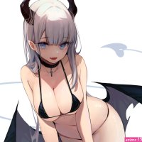 demoness big boobs boobs blue eyes belly original characters cleavage Nekojira anime anime girls horns choker wings bikini micro bikini string bikini