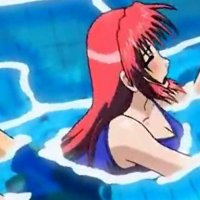 Sexy anime redhead gets fucked underwater in a swimming pool while talking to friends