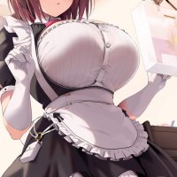 big boobs huge breasts brunette short hair BlueGk anime anime girls maid maid outfit thigh-highs purple eyes artwork