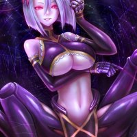 monster girl big boobs cleavage underboob thighs belly button smiling short hair purple hair looking at viewer spread legs holding boobs Monster Musume no Iru Nichijou Rachnera Monmusu 2D anime girls no