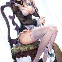 French maid cleavage smiling brunette blue eyes Shouhei anime anime girls digital art artwork 2D portrait display maid outfit thigh-highs glasses blushing