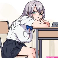 otk shirogane noel shirogane noel school uniform hololive absurdres commentary highres 1girl arms on table black skirt blue bow blush bow breasts cellphone chair desk from side green eyes grey hair long