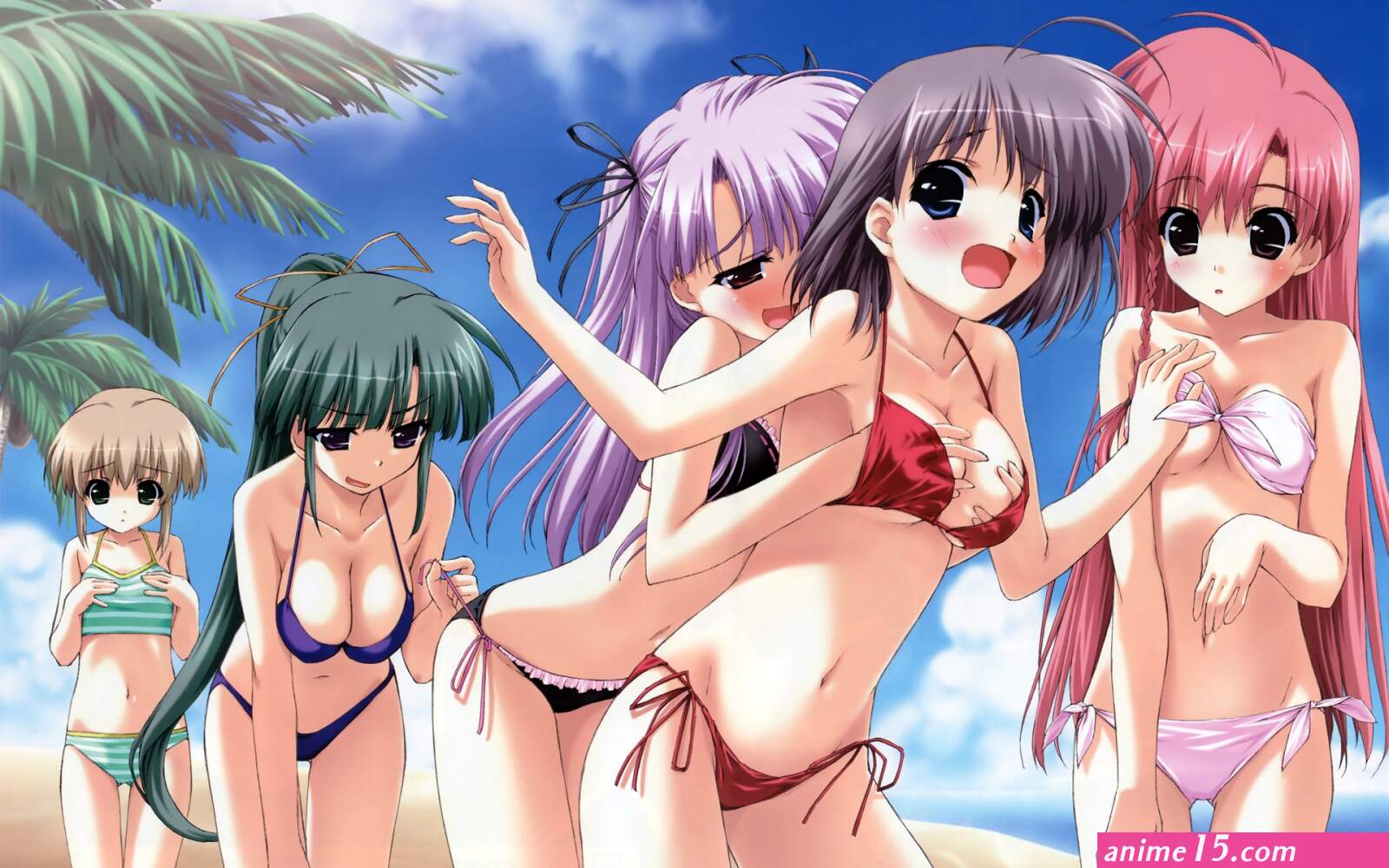 bikini blush boy meets girl breast grab breasts cleavage group kasugano haruna kumotani chizuru shingyouji mao shintaro souma nanami swimsuit tsubasa miu yuri