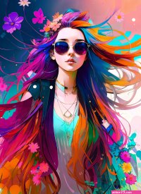 Ai Art Inkpunk Color Burst Colorful Vertical Artwork Long Hair Sunglasses Flower